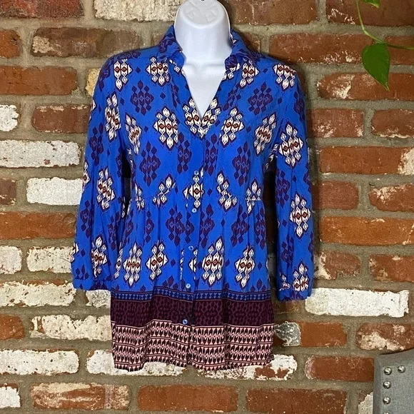 Anthropologie Maeve Blue Woodland Walk Tunic Long Sleeve Top Size 0 - Picture 3 of 9